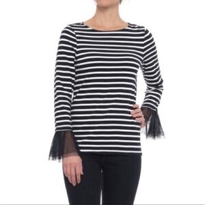 BeachLunchLounge Tulle Sleeve Striped Top Navy Blue and White